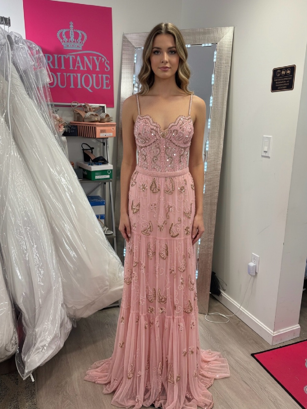 Primavera Couture Blush Pink Beaded Spaghetti-Strap Prom Gown